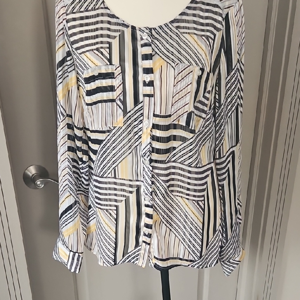 Geometric Pattern Metallic Thread Button Down Blo… - image 1